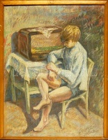 Czene 960 jelzéssel: Rádiót hallgató fiú pasztell-papír, jelzett, keretben 36x57 cm