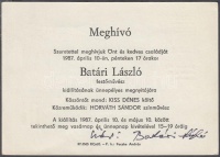 1987 Meghívó Batári László festőművész kiállításának megnyitójára, saját kezű aláírásával