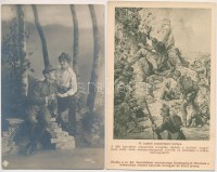 10 db régi katonai motívumlap, közte 1 fotó csoportkép a M. kir. Folyamőrség egy matrózával / 10 pre-1945 Austro-Hungarian K.u.K. and Hungarian military motive cards, including 1 group photo with a mariner of the Hungarian Royal River Guard