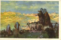 8 db RÉGI használatlan Hollós Endre vallásos művészlap. Kiadja A Szentföld biztosi hivatala / 8 unused pre-1945 religious art postcards signed by Endre Hollós