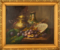 Anton Raufer-Redtwitz (1871-1965): Szilvás csendélet. Olaj, vászon, jelzett, keretben, 55×69 cm