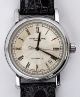 Patek Philippe replika automata karóra. Bőr szíjjal, működő állapotban  d:3,7 cm