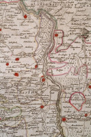 cca 1790 A Rajnavidék háborús térképe. Neue General Kriegs Karte Des Rheinstrohms, Herausgegeben von Iohann Walch im Willischen Kunstverlag in Augsburg. Nagyméretű, színezett rézmetszet, vászonra vonva, ki hiánnyal, egyébként jó