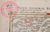 cca 1790 A Rajnavidék háborús térképe. Neue General Kriegs Karte Des Rheinstrohms, Herausgegeben von Iohann Walch im Willischen Kunstverlag in Augsburg. Nagyméretű, színezett rézmetszet, vászonra vonva, ki hiánnyal, egyébként jó