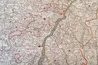 cca 1790 A Rajnavidék háborús térképe. Neue General Kriegs Karte Des Rheinstrohms, Herausgegeben von Iohann Walch im Willischen Kunstverlag in Augsburg. Nagyméretű, színezett rézmetszet, vászonra vonva, ki hiánnyal, egyébként jó