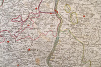cca 1790 A Rajnavidék háborús térképe. Neue General Kriegs Karte Des Rheinstrohms, Herausgegeben von Iohann Walch im Willischen Kunstverlag in Augsburg. Nagyméretű, színezett rézmetszet, vászonra vonva, ki hiánnyal, egyébként jó