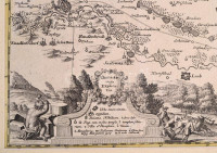 cca 1700 Csehország déli részének, és a Magyar Királyság szegletének rézmetszetes térképe. Színezett rézmetszet, vadászjelenetet ábrázoló díszes kartussal. Paszpartuban / cca 1700 South of Czech Republic, colored etching. In