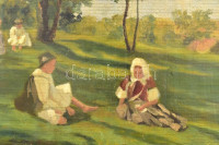 Olvashatatlan jelzéssel, XX. sz. első fele: Gyerekek a réten. Olaj, falemez. Hátoldalán Postatakarékpénztár Árverési Csarnok raglappal. 21x26 cm