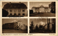 Hőgyész, Herceg Lichtenstein és Gróf Apponyi kastély, Hősök szobra, Római katolikus polgári fiú és leány iskola, internátus és zárda. Eibeck István kiadása (EK)
