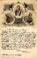 1899 (Vorläufer) Gott schütze und erhalte den Dreibund / Hármas szövetség: I. Umbertó olasz király, I. Ferenc József és II. Vilmos / Triple Alliance propaganda: Franz Joseph, Wilhelm II and Umberto I di Savoia. Art Nouveau, floral, litho