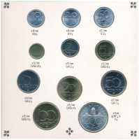 1993. 10f-200Ft (11xklf) forgalmi sor 'Magyarország pénzérméi' karton dísztokban, egy lapos verzió, benne 200Ft Ag 'MNB' T:BU kis patina, a belső tok ragasztása részben elengedett, külső tokon szennyeződés Adamo FO26