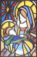 Peák István: Mária a kisdeddel. Tiffany üveg, jelzett, hátoldalán certifikációval, keretben. 25x19 cm (keretezett méret: 37x30 cm)